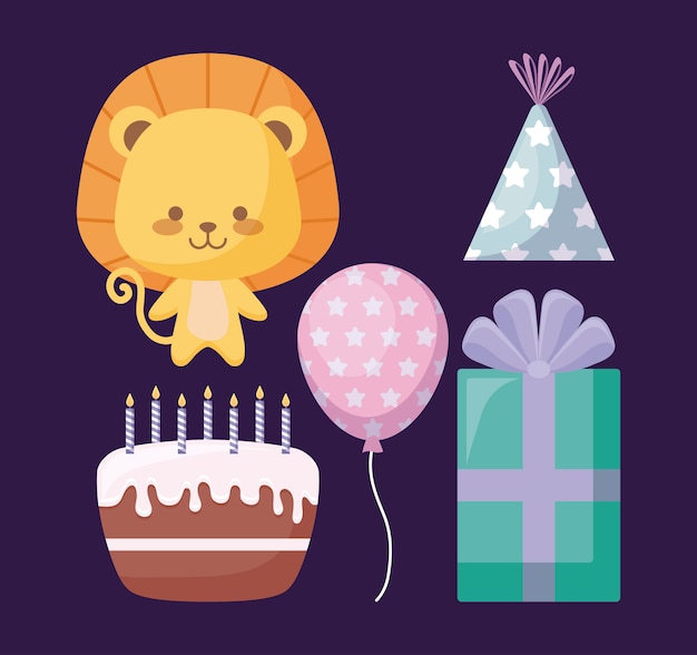 Cute lion and set icons party