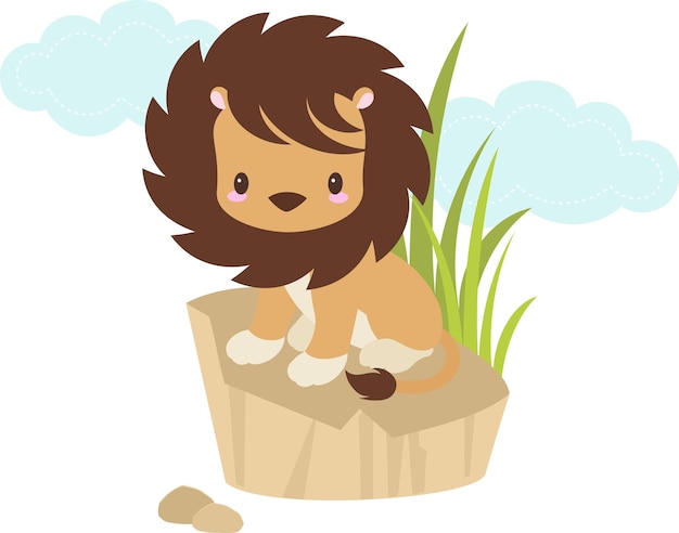 Vector cute lion sitting on the rock in the dessert