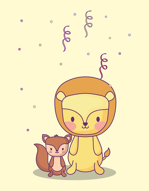 cute lion and squirrel with serpentine and confetti around