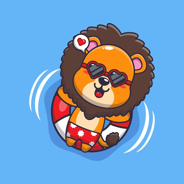 Cute lion in sunglasses float with buoy Cute summer cartoon illustration