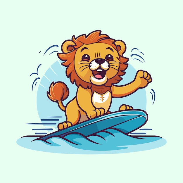 cute lion surfing vector illustration