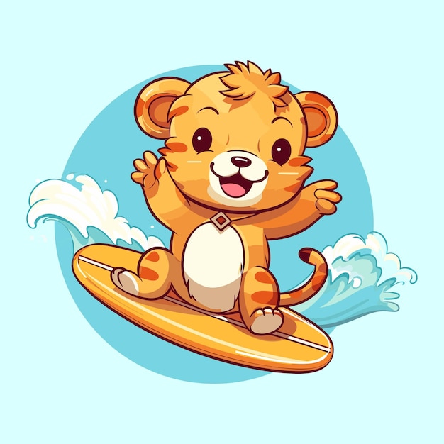 cute lion surfing vector illustration