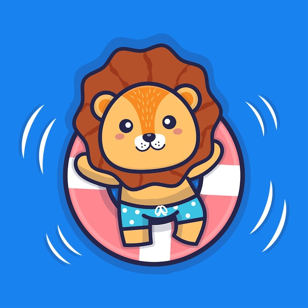 Cute lion swimming with swim ring illustration