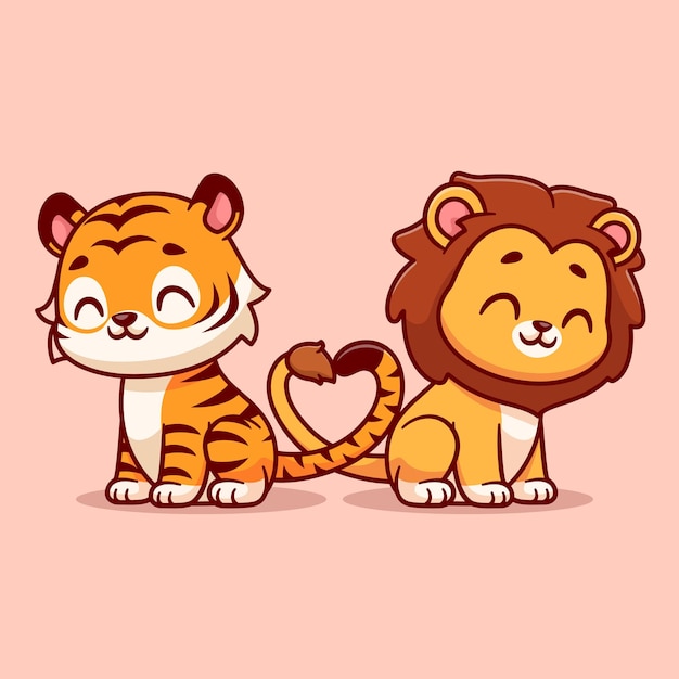 Cute lion and tiger couple with love heart tail cartoon vector icon illustration animal nature icon