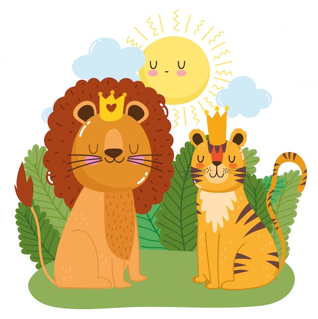 Cute lion and tiger with crowns