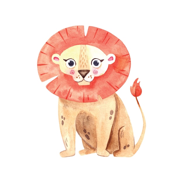 Cute lion watercolor illustration for kids design isolated on white background