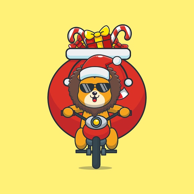 Simpatico leone che indossa un cappello da babbo natale in sella a una moto simpatiche illustrazioni di cartoni animati natalizi
