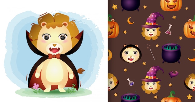 A cute lion with dracula costume halloween character collection. seamless pattern and illustration designs