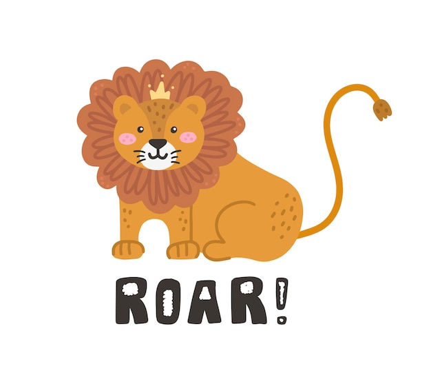 Милый лев с надписью Roar Vector рисованной иллюстрации детский принт для плакатов открыток