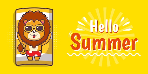 Cute lion with summer greeting banner