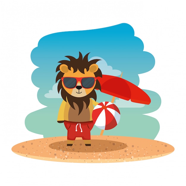 Cute lion with sunglasses and balloon on the beach