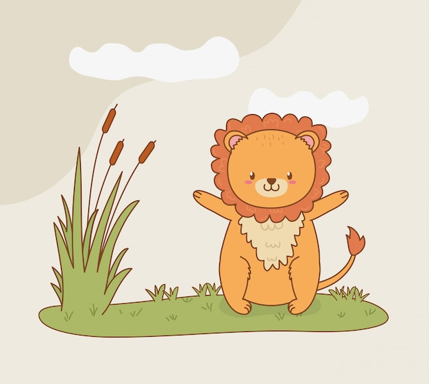 Vector cute lion woodland in the field character