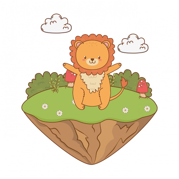 Cute lion woodland in the field character