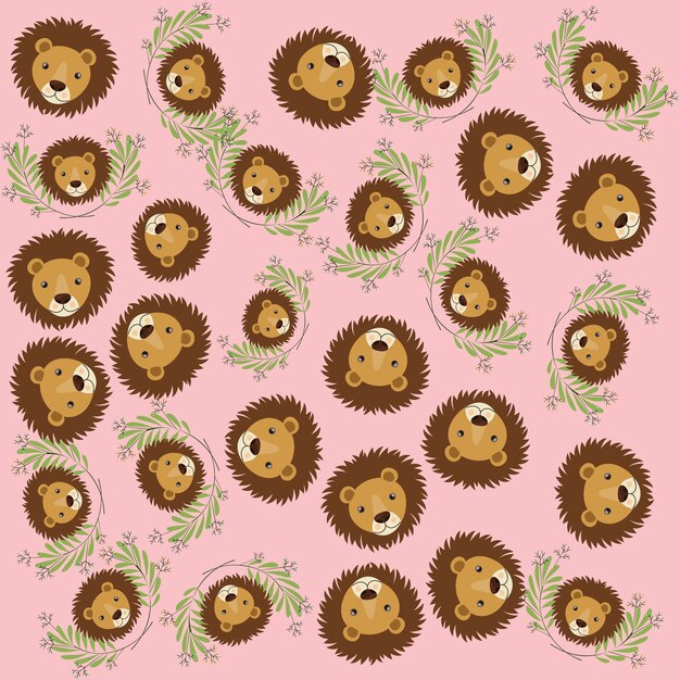 Cute lions with leafs pattern background