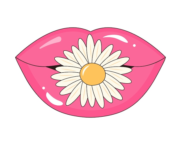 Cute lips with chamomile flower between teeth Female open lips with daisy Linear color vector