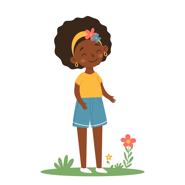 Piccola ragazza afroamericana carina con dei fiori nei capelli illustrazione vettoriale