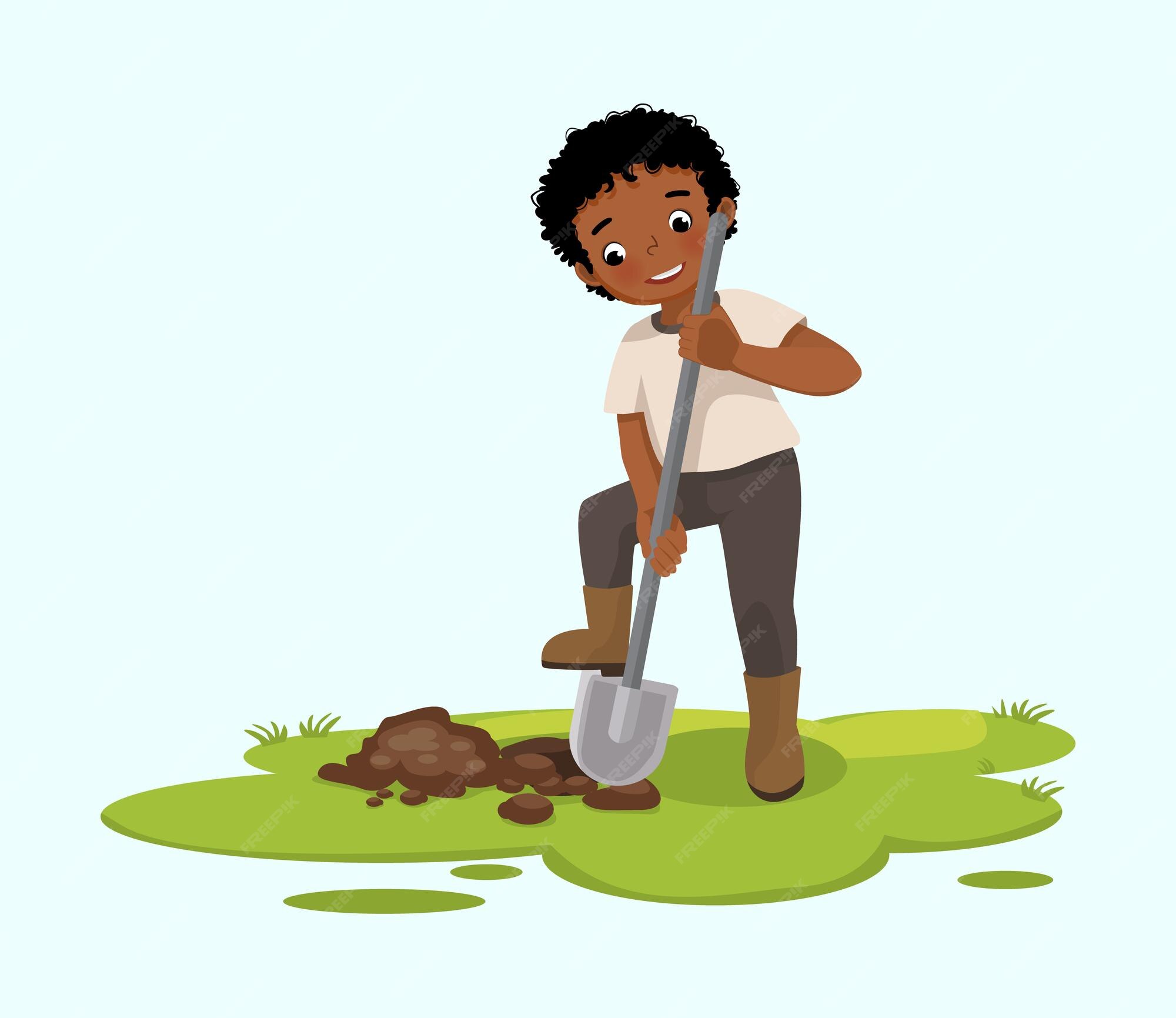 Premium Vector Cute little african boy digging hole on the ground