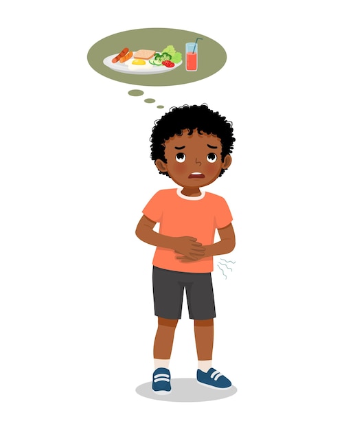 Vector cute little african boy feel hungry touching her stomach want to eat breakfast