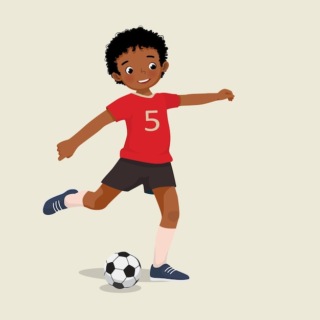 Vector cute little african boy playing soccer kicking the football to make a goal