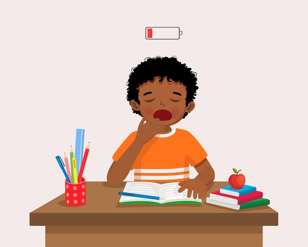 Vector cute little african boy yawning feeling sleepy while studying doing homework on the desk