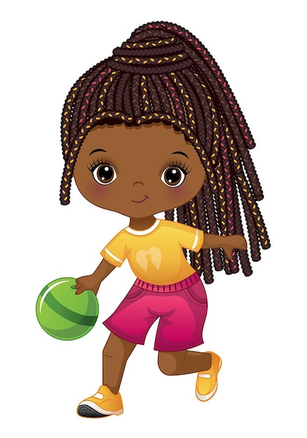 Vector cute little african girl bowling