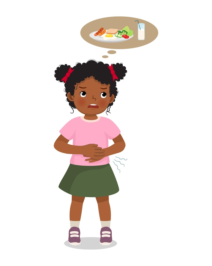 Vector cute little african girl feel hungry touching her stomach want to eat breakfast