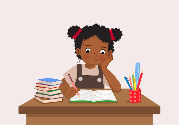 Vector cute little african girl feeling stress tired and bored studying doing homework on the desk