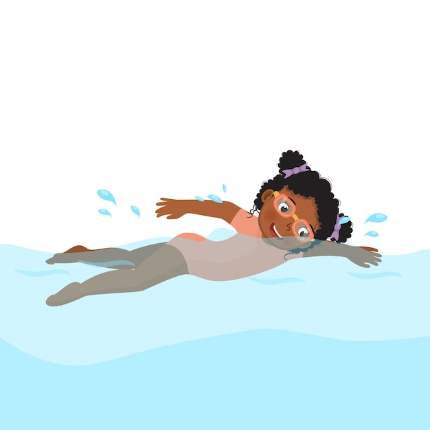 벡터 귀여운 아프리카 소녀가 수영장에서 수영을 즐기는 구글을 입고 있습니다.