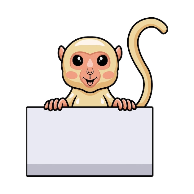 Милый маленький мультфильм обезьяны-альбиноса с пустым знаком