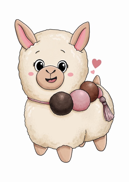 Cute little alpaca with pompons and heart vector illustration