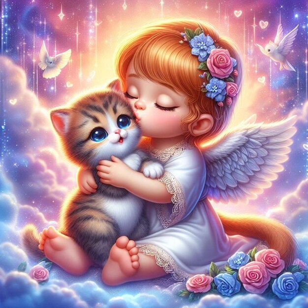 Cute little angel kisses a sweet kitten