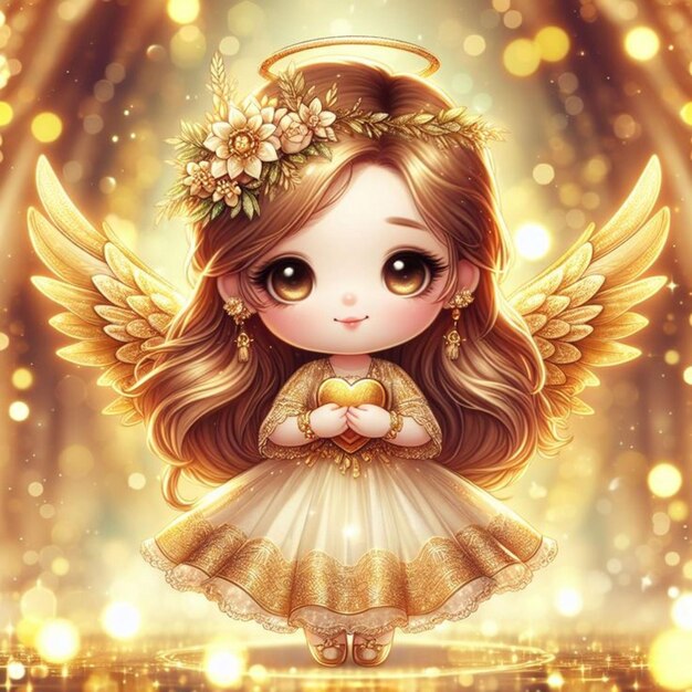 Cute little angel with a golden heart in her hands