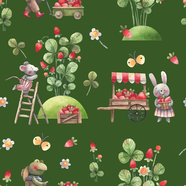 귀여운 작은 동물들이 딸기 정원에서 아이들 스타일로 매끄러운 패턴으로 열매를 따고 있습니다.