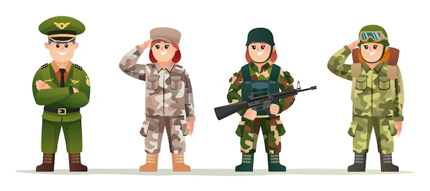 さまざまなカモフラージュ衣装のキャラクターセットの女性兵士とかわいい小さな軍隊の船長