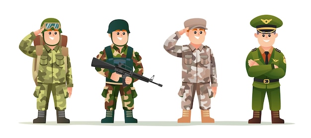 さまざまなカモフラージュ衣装のキャラクターセットの兵士とかわいい小さな陸軍大尉