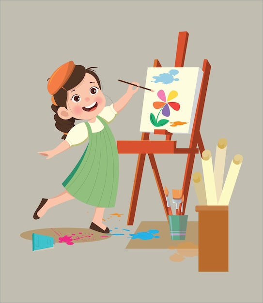 Cute little artist girl painting with canvas childrens hobbies on vector illustration