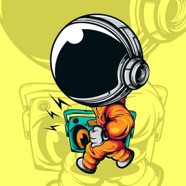 Vettore piccolo astronauta sveglio che balla con la radio