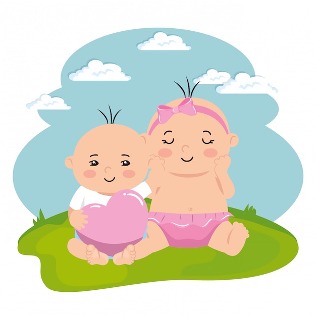 Cute little babies in landscape illustration