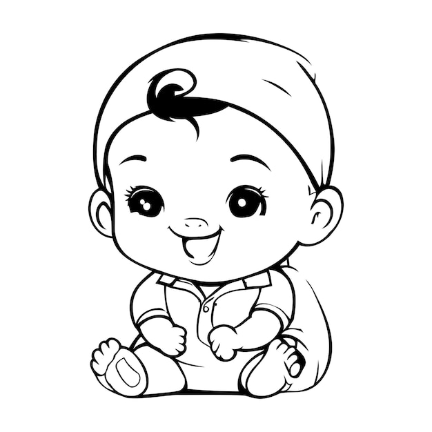 Cute little baby boy black and white vector illustration for coloring book