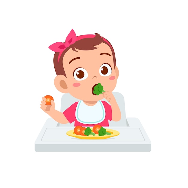 Vettore il piccolo bambino sveglio mangia frutta e verdura
