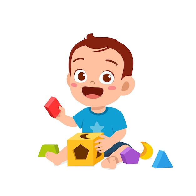 Vector cute little baby boy playing with colorful puzzle