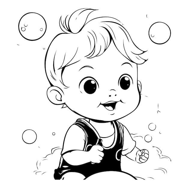 Cute little baby boy playing with soap bubbles black and white vector illustration