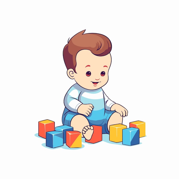 Vector cute little baby boy playing with toy blocks vector illustration