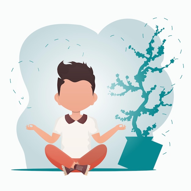 A cute little baby boy sits in the lotus position and does yoga in the room Healthy life concept Cartoon style Vector illustration