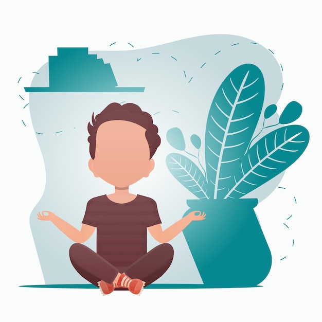Vector a cute little baby boy sits in the lotus position and does yoga in the room sports and recreation concept vector illustration in cartoon style