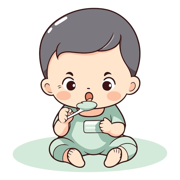 Vector cute little baby boy sitting and brushing his teeth