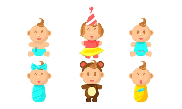 Vettore carino piccolo bambino set di personaggi adorabile ragazzo o ragazza routine quotidiana illustrazione vettoriale