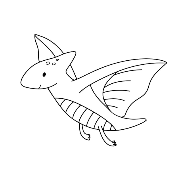 Vector cute little baby dinosaur pterodactyl vector outline doodle illustration for childish coloring book