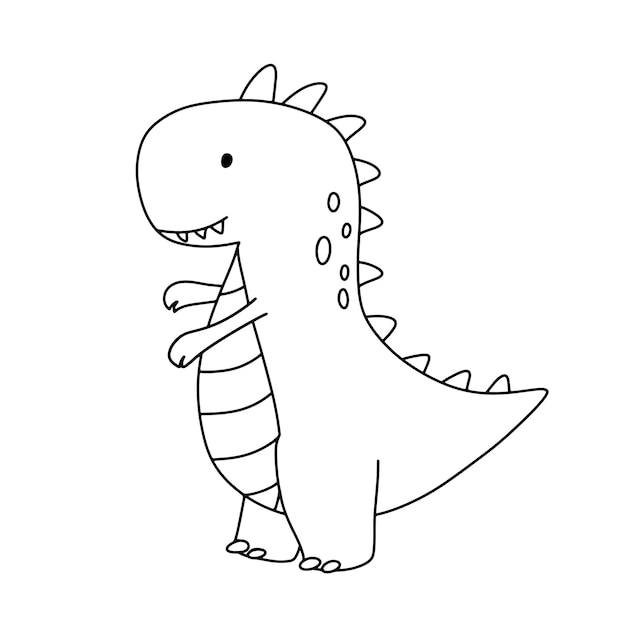 Cute little baby dinosaur trex Vector outline doodle illustration isolated on white background