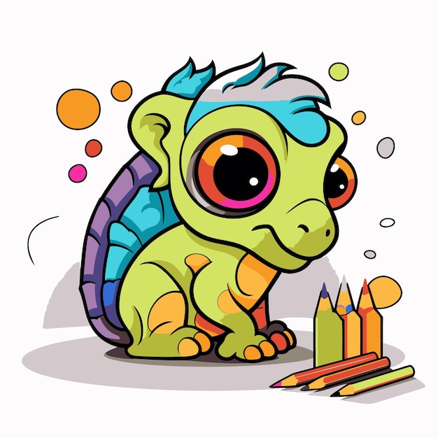 Милый маленький маленький дракон с карандашами Карикатурная векторная иллюстрация